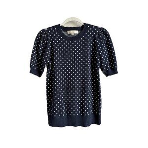 LOFT Women Pindot Scalloped Sweater Top Navy SoftKnit Crew Neck Puff Sleeve Sz S